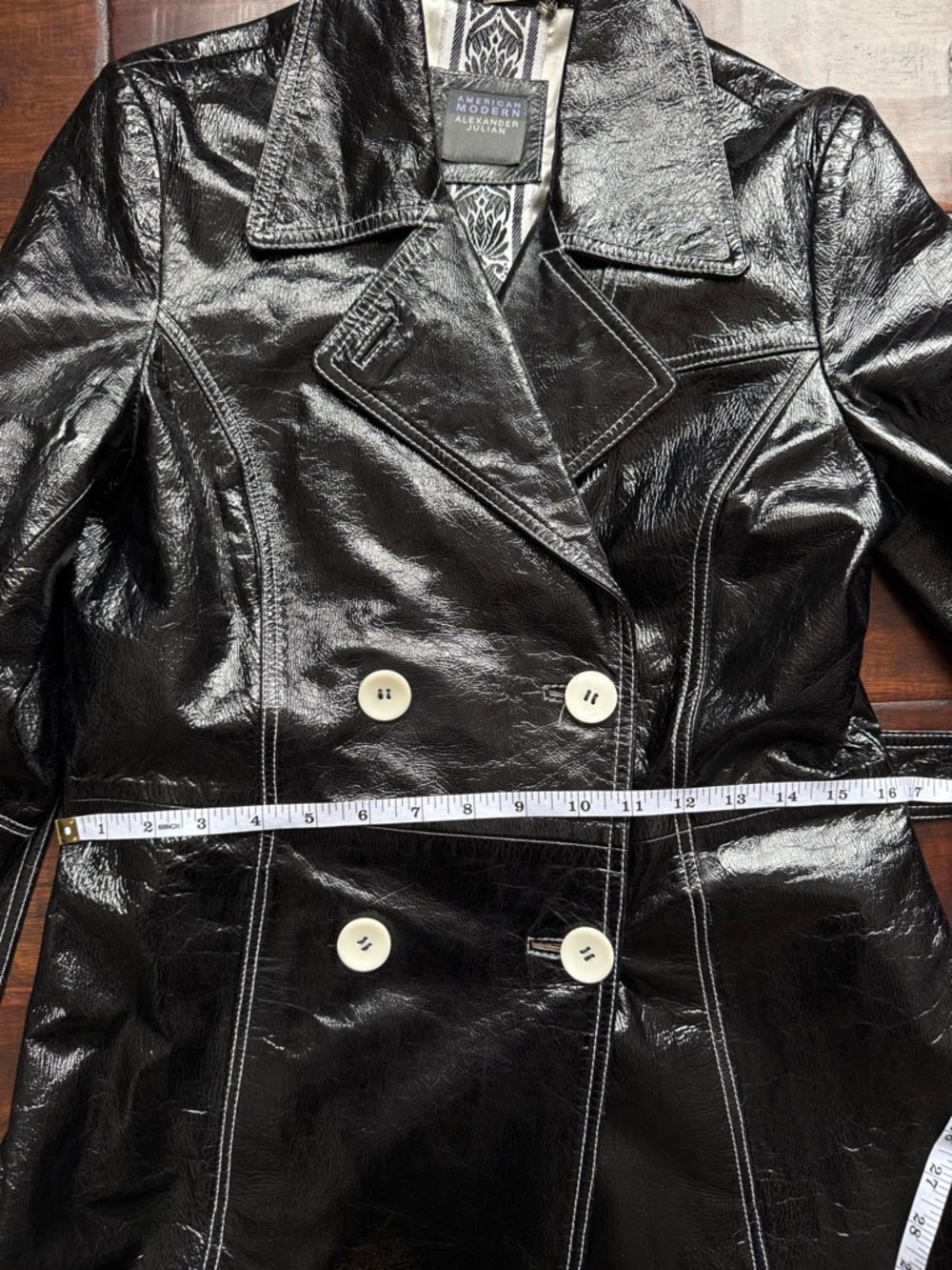 Y2K Black Patent Leather 60s Mod Style Trench Coat - Picture 8 of 11